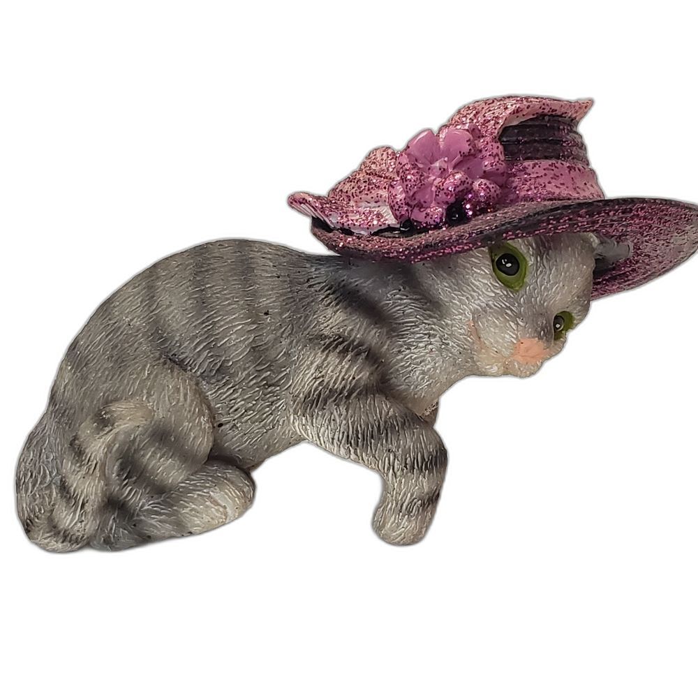 Resin Tabby Cat with Fancy Pink Hat Figurine Collectible